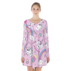 Beautiful Cute Animals Pattern Pink Long Sleeve Velvet V-neck Dress