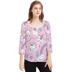 Beautiful Cute Animals Pattern Pink Chiffon Quarter Sleeve Blouse by Grandong