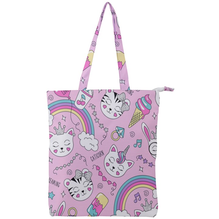 Beautiful Cute Animals Pattern Pink Double Zip Up Tote Bag