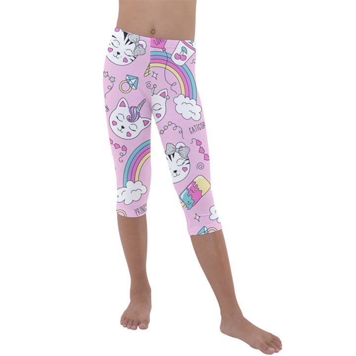 Beautiful Cute Animals Pattern Pink Kids  Lightweight Velour Capri Leggings 