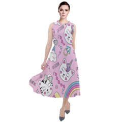 Beautiful Cute Animals Pattern Pink Round Neck Boho Dress by Grandong