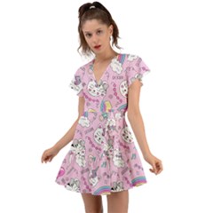 Beautiful Cute Animals Pattern Pink Flutter Sleeve Wrap Dress by Grandong