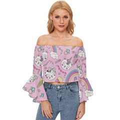 Beautiful Cute Animals Pattern Pink Off Shoulder Flutter Bell Sleeve Top