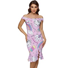 Beautiful Cute Animals Pattern Pink Off Shoulder Ruffle Split Hem Bodycon Dress by Grandong