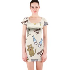 Cute Astronaut Cat With Star Galaxy Elements Seamless Pattern Short Sleeve Bodycon Dress by Grandong