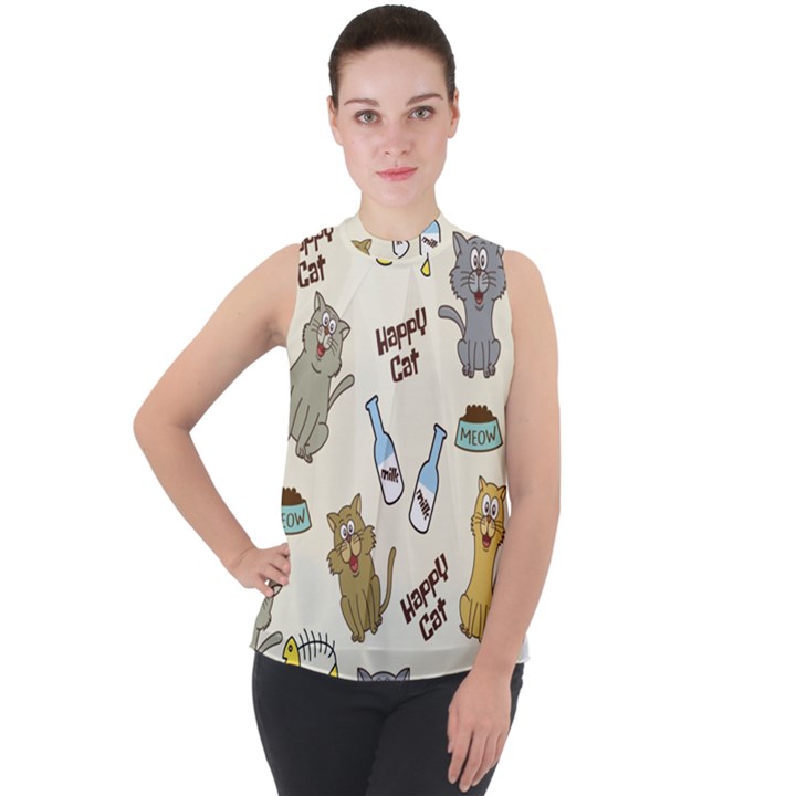 Cute Astronaut Cat With Star Galaxy Elements Seamless Pattern Mock Neck Chiffon Sleeveless Top