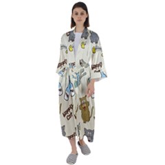 Cute Astronaut Cat With Star Galaxy Elements Seamless Pattern Maxi Satin Kimono by Grandong