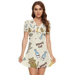 Cute Astronaut Cat With Star Galaxy Elements Seamless Pattern V-neck High Waist Chiffon Mini Dress by Grandong