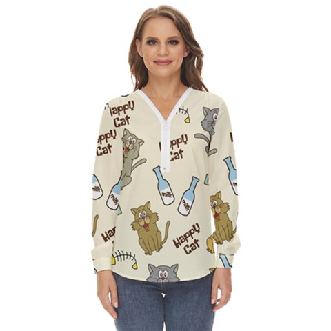 Cute Astronaut Cat With Star Galaxy Elements Seamless Pattern Zip Up Long Sleeve Blouse by Grandong