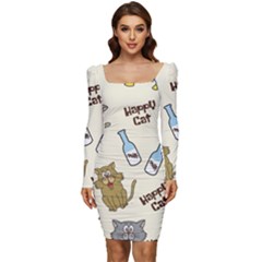 Cute Astronaut Cat With Star Galaxy Elements Seamless Pattern Women Long Sleeve Ruched Stretch Jersey Dress by Grandong