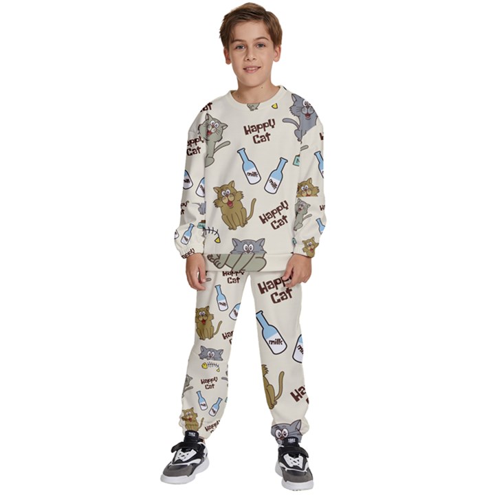 Cute Astronaut Cat With Star Galaxy Elements Seamless Pattern Kids  Sweatshirt set