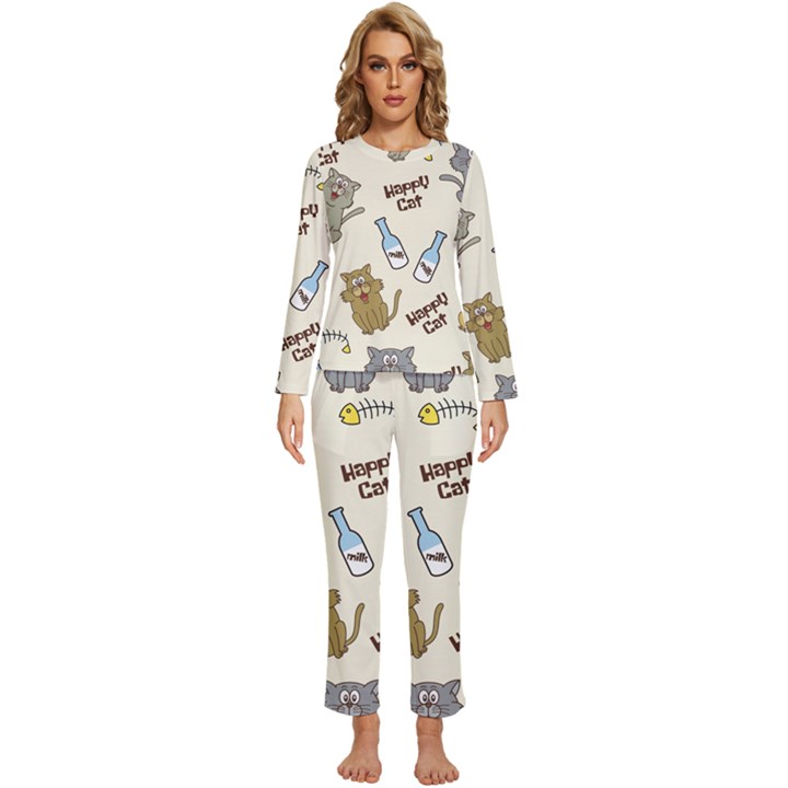 Cute Astronaut Cat With Star Galaxy Elements Seamless Pattern Womens  Long Sleeve Lightweight Pajamas Set