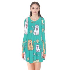 Seamless Pattern Cute Cat Cartoon With Hand Drawn Style Long Sleeve V-neck Flare Dress by Grandong