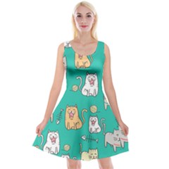 Seamless Pattern Cute Cat Cartoon With Hand Drawn Style Reversible Velvet Sleeveless Dress