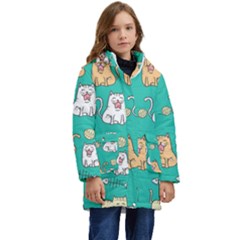 Seamless Pattern Cute Cat Cartoon With Hand Drawn Style Kids  Hooded Longline Puffer Jacket by Grandong