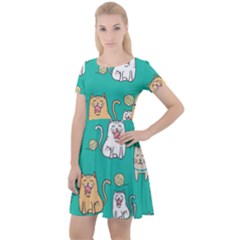 Seamless Pattern Cute Cat Cartoon With Hand Drawn Style Cap Sleeve Velour Dress  by Grandong