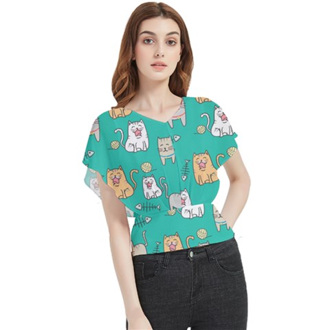 Seamless Pattern Cute Cat Cartoon With Hand Drawn Style Butterfly Chiffon Blouse by Grandong