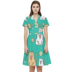 Seamless Pattern Cute Cat Cartoon With Hand Drawn Style Short Sleeve Waist Detail Dress by Grandong