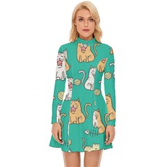 Seamless Pattern Cute Cat Cartoon With Hand Drawn Style Long Sleeve Velour Longline Dress