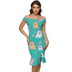 Seamless Pattern Cute Cat Cartoon With Hand Drawn Style Off Shoulder Ruffle Split Hem Bodycon Dress by Grandong