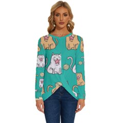 Seamless Pattern Cute Cat Cartoon With Hand Drawn Style Long Sleeve Crew Neck Pullover Top by Grandong