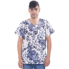 Blue Vintage Background Background With Flowers, Vintage Men s V-neck Scrub Top