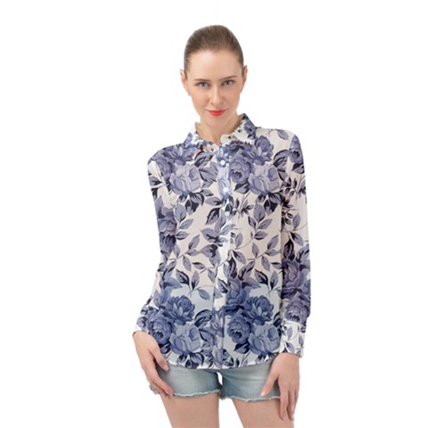 Blue Vintage Background Background With Flowers, Vintage Long Sleeve Chiffon Shirt by nateshop