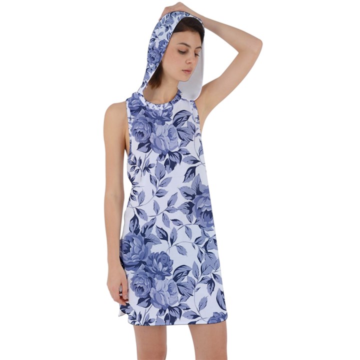 Blue Vintage Background Background With Flowers, Vintage Racer Back Hoodie Dress