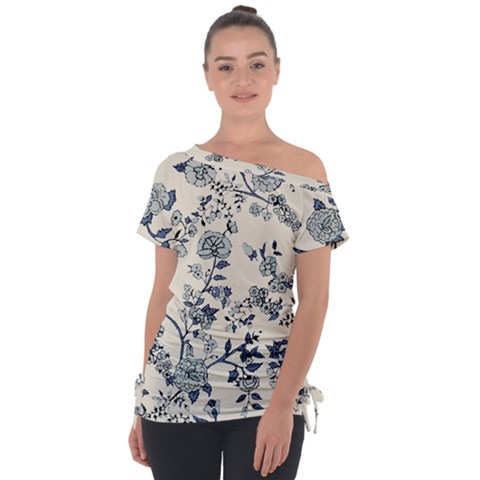 Blue Vintage Background, Blue Roses Patterns, Retro Off Shoulder Tie-up T-shirt by nateshop