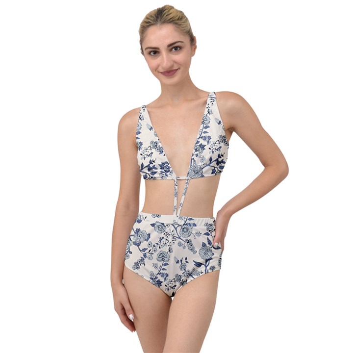 Blue Vintage Background, Blue Roses Patterns, Retro Tied Up Two Piece Swimsuit