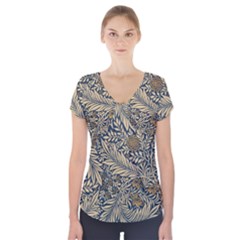 Brown Vintage Background Vintage Floral Pattern, Brown Short Sleeve Front Detail Top by nateshop