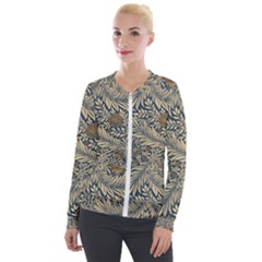 Brown Vintage Background Vintage Floral Pattern, Brown Velvet Zip Up Jacket by nateshop