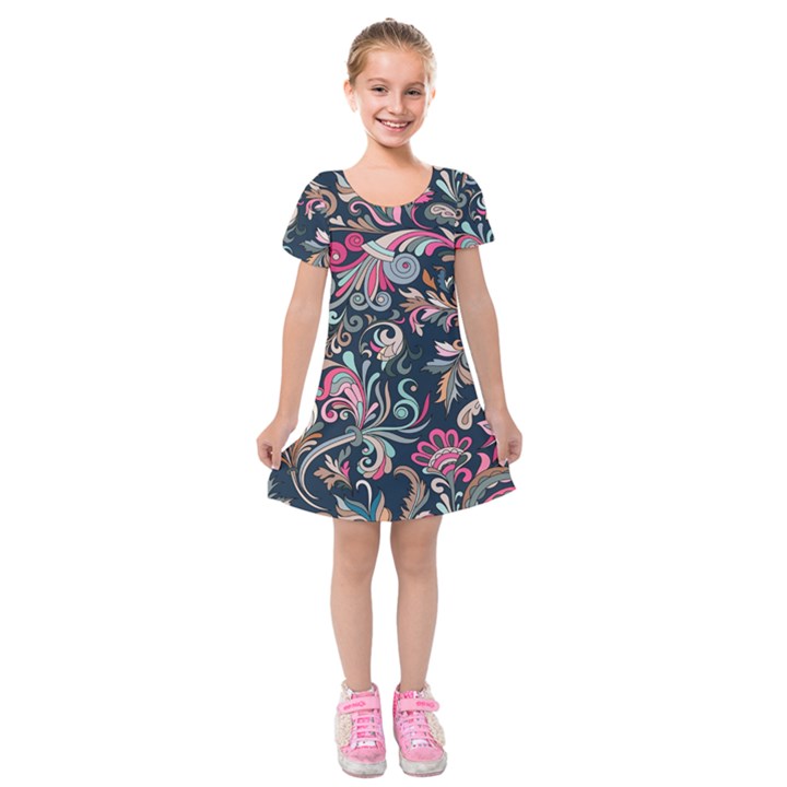 Coorful Flowers Pattern Floral Patterns Kids  Short Sleeve Velvet Dress