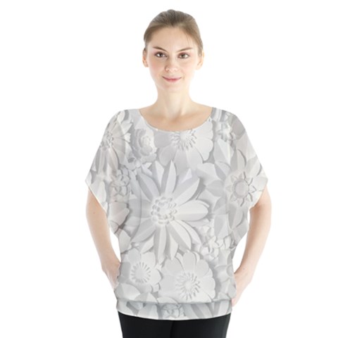 Damask, Desenho, Flowers, Gris Batwing Chiffon Blouse by nateshop