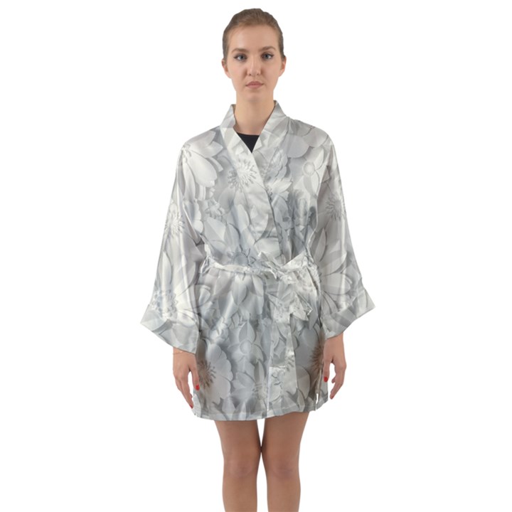 Damask, Desenho, Flowers, Gris Long Sleeve Satin Kimono