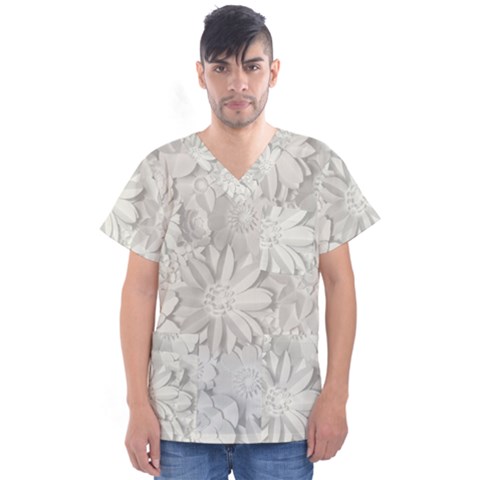 Damask, Desenho, Flowers, Gris Men s V-neck Scrub Top by nateshop