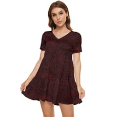 Dark Red Floral Lace, Dark Red, Flowers, Pattern, Romance Tiered Short Sleeve Babydoll Dress