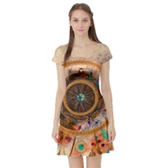 Dreamcatcher, Abstract, Colorful, Colors, Dream, Golden, Vintage Short Sleeve Skater Dress by nateshop