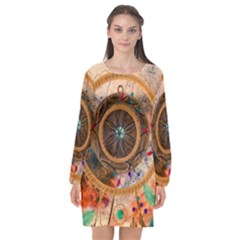 Dreamcatcher, Abstract, Colorful, Colors, Dream, Golden, Vintage Long Sleeve Chiffon Shift Dress  by nateshop