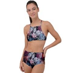 Floral Pattern, Red, Floral Print, E, Dark, Flowers Halter Tankini Set by nateshop