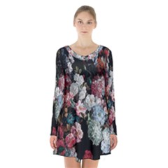 Floral Pattern, Red, Floral Print, E, Dark, Flowers Long Sleeve Velvet V-neck Dress by nateshop