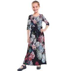 Floral Pattern, Red, Floral Print, E, Dark, Flowers Kids  Quarter Sleeve Maxi Dress