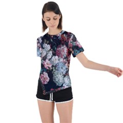 Floral Pattern, Red, Floral Print, E, Dark, Flowers Asymmetrical Short Sleeve Sports T-shirt