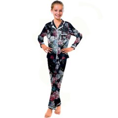 Floral Pattern, Red, Floral Print, E, Dark, Flowers Kids  Satin Long Sleeve Pajamas Set by nateshop