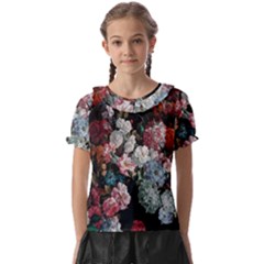 Floral Pattern, Red, Floral Print, E, Dark, Flowers Kids  Frill Chiffon Blouse