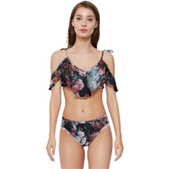 Floral Pattern, Red, Floral Print, E, Dark, Flowers Ruffle Edge Tie Up Bikini Set	