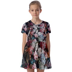 Floral Pattern, Red, Floral Print, E, Dark, Flowers Kids  Short Sleeve Pinafore Style Dress