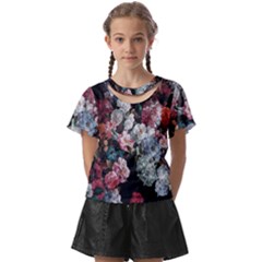 Floral Pattern, Red, Floral Print, E, Dark, Flowers Kids  Front Cut T-shirt