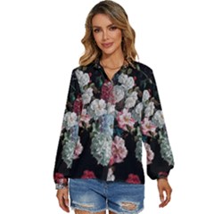 Floral Pattern, Red, Floral Print, E, Dark, Flowers Women s Long Sleeve Button Up Shirt