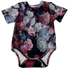 Floral Pattern, Red, Floral Print, E, Dark, Flowers Baby Short Sleeve Bodysuit by nateshop